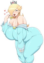 Rule 34 | 1girl, absurdres, ass, bare shoulders, bent over, blush, breasts, cleavage, collarbone, crown, curvy, dress, earrings, greyimpaction, hair over one eye, heart, highres, huge breasts, impossible clothes, inverted nipples, jewelry, long hair, mario (series), nail polish, nintendo, nipples, rosalina, seductive smile, smile, star (symbol), star earrings, super mario galaxy, tongue, tongue out, very long hair, wide hips
