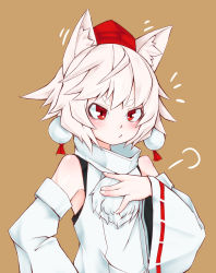 Rule 34 | 1girl, :/, animal ear fluff, animal ears, bare shoulders, blush, commentary, detached sleeves, hand on own chest, hat, highres, inubashiri momiji, jakomurashi, pom pom (clothes), red eyes, red hat, ribbon-trimmed sleeves, ribbon trim, shirt, short hair, silver hair, simple background, solo, tokin hat, touhou, upper body, white shirt, wide sleeves, wolf ears