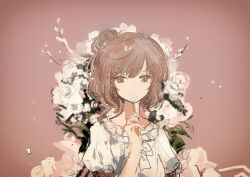 Rule 34 | 1girl, bow, bowtie, brown background, brown eyes, brown hair, cevio, closed mouth, commentary request, floral background, flower, flower request, frilled shirt, frills, hair bun, hand up, highres, holding, holding spoon, kabuyama kaigi, looking at viewer, puffy short sleeves, puffy sleeves, satou sasara, shirt, short sleeves, side ponytail, single side bun, smile, solo, spoon, upper body, vignetting, white bow, white bowtie, white flower, white shirt