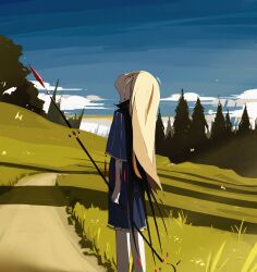 Rule 34 | 1girl, absurdres, ahoge, arms at sides, beads, black cape, blonde hair, blue dress, blue sky, bug, butterfly, cape, clip studio paint (medium), cloud, commentary request, day, dress, expressionless, feet out of frame, from side, gold trim, grass, harumaki gohan, head back, highres, holding, holding staff, insect, long hair, looking up, original, outdoors, path, pine tree, profile, red eyes, road, short dress, short sleeves, sidelighting, sky, solo, staff, standing, tree