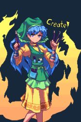 Rule 34 | 1girl, apron, between fingers, black background, blue hair, closed mouth, dress, english text, feet out of frame, green apron, green headwear, haniyasushin keiki, head scarf, holding, jewelry, long hair, looking at viewer, magatama, magatama necklace, necklace, pixel art, potemki11, purple eyes, simple background, single strap, smile, solo, standing, touhou, wood carving tool, yellow dress