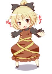 Rule 34 | &gt;:d, 1girl, :d, black bow, blonde hair, blush, bow, brown dress, brown eyes, chibi, dress, ebi 193, full body, hair bow, high ponytail, kurodani yamame, looking at viewer, open mouth, outstretched arms, short hair, smile, solo, spread arms, standing, touhou, v-shaped eyebrows