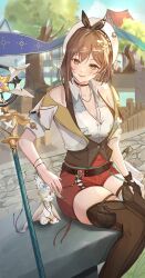 Rule 34 | 1girl, absurdres, asymmetrical sidelocks, atelier (series), atelier ryza, atelier ryza 3, belt, beret, blurry, blurry background, boots, braid, breast pocket, breasts, brown belt, brown eyes, brown footwear, brown gloves, brown hair, brown vest, choker, cleavage, clover hair ornament, collared shirt, crown braid, dangle earrings, detached sleeves, earrings, fi (atelier), gloves, hair ornament, hairclip, hat, hat ribbon, headpat, highres, jewelry, leather, leather gloves, long7nana, medium breasts, multiple bracelets, multiple necklaces, necklace, on bench, open mouth, outdoors, pocket, red shorts, reisalin stout, ribbon, shirt, short hair, short shorts, shorts, single earring, single glove, sitting, sleeveless, sleeveless shirt, smile, staff, star (symbol), star choker, star earrings, thigh boots, thighhighs, thighhighs under boots, town, tree, vest, white hat, white shirt, white sleeves, white thighhighs, x hair ornament