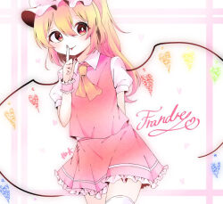 Rule 34 | 1girl, :p, alternate hairstyle, alternate wings, arm behind back, ascot, blonde hair, character name, collared shirt, cowboy shot, finger to mouth, flandre scarlet, frilled skirt, frills, hair between eyes, hat, heart, heart wings, long hair, mob cap, multicolored wings, pink background, puffy short sleeves, puffy sleeves, red eyes, red skirt, red vest, shihara hazuki 816, shirt, short sleeves, simple background, skirt, solo, thighhighs, tongue, tongue out, touhou, vest, white background, white hat, white shirt, white thighhighs, wings, wrist cuffs, yellow ascot, zettai ryouiki