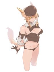 Rule 34 | 1girl, animal ears, warrior of light (ff14), bikini, bikini bottom only, black bow, black gloves, blonde hair, bow, bustier, cat ears, cat tail, cropped legs, detached collar, detached sleeves, final fantasy, final fantasy xiv, gloves, hair between eyes, hat, kochiya (gothope), looking at viewer, navel, short hair with long locks, solo, swimsuit, tail, white background, yellow eyes