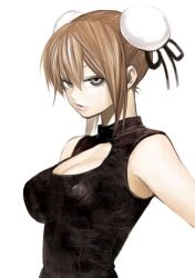 Rule 34 | 1girl, ahoge, artist request, bad link, bare shoulders, bel hydra, black ribbon, black shirt, breasts, brown hair, cleavage, cleavage cutout, clothing cutout, grey eyes, hair between eyes, hair ornament, hair ribbon, high collar, looking at viewer, medium breasts, parted lips, ribbon, shirt, sidelocks, simple background, sleeveless, sleeveless shirt, solo, upper body, white background