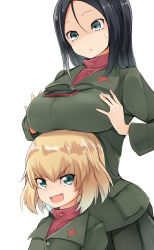 Rule 34 | 10s, 2girls, amai nekuta, black hair, black skirt, blonde hair, blue eyes, breast rest, breasts, breasts on head, cellphone, closed mouth, fang, girls und panzer, green jacket, highres, jacket, katyusha (girls und panzer), large breasts, long hair, long sleeves, looking at another, looking at viewer, multiple girls, nonna (girls und panzer), object on breast, open mouth, phone, pleated skirt, red shirt, school uniform, shirt, short hair, simple background, skirt, smartphone, smile, standing, sweatdrop, swept bangs, tawawa challenge, turtleneck, white background