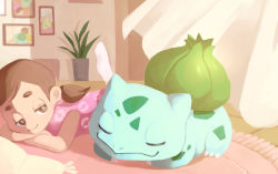 Rule 34 | 1girl, animal focus, bare shoulders, bright pupils, brown eyes, brown hair, bulbasaur, child, claws, closed eyes, closed mouth, creatures (company), crossed arms, curtains, day, drawing (object), dress, egg, game freak, gen 1 pokemon, half-closed eyes, happy, indoors, looking at another, lying, matching hair/eyes, nintendo, on floor, on stomach, picture frame, pink dress, plant, poke ball print, poke ball symbol, pokemon, pokemon (creature), pokemon bw, pokemon egg, potted plant, preschooler (pokemon), rug, short hair, sleeping, sleeveless, sleeveless dress, smile, twintails, u u, uroko (rwde4544), white pupils, wooden floor