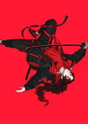 Rule 34 | 1boy, absurdres, alternate costume, black jacket, black pants, brown hair, character name, closed mouth, contemporary, floating hair, frown, gradient hair, hanafuda earrings, highres, holding, holding sword, holding weapon, jacket, kake hashi3, kimetsu no yaiba, long hair, long sleeves, male focus, multicolored hair, open clothes, open jacket, pants, ponytail, red background, red eyes, red footwear, red hair, red shirt, scar, shirt, shoes, simple background, sneakers, solo, sword, tsugikuni yoriichi, upside-down, very long hair, weapon