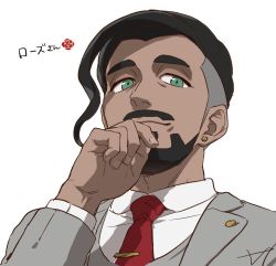 Rule 34 | 1boy, black hair, business suit, buttons, character name, closed mouth, collared shirt, commentary, creatures (company), earrings, facial hair, fingernails, formal, game freak, green eyes, grey jacket, grey vest, hand up, jacket, jewelry, long sleeves, looking down, male focus, necktie, nintendo, pokemon, pokemon swsh, red necktie, rose (pokemon), sankaku, shirt, simple background, smile, solo, suit, symbol-only commentary, undercut, vest, white background, white shirt