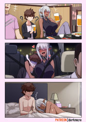 Rule 34 | ..., 1girl, 3boys, 3koma, ?, ^ ^, alcohol, bare shoulders, bed, beer, blanket, blush, border, breasts, brown hair, car, car interior, closed eyes, comic, commentary request, dark-skinned female, dark elf, dark skin, darkmaya, drunk, ear piercing, elf, faceless, faceless male, hair over one eye, heart, height difference, hug, large breasts, long hair, looking at viewer, low-tied long hair, lying, motor vehicle, multiple boys, nose blush, nude, open mouth, original, piercing, pillow, pink border, pointy ears, red eyes, restaurant, short hair, silver hair, sitting, smile, sound effects, spoken ellipsis, sweat