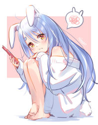 Rule 34 | 1girl, ahoge, animal ear fluff, animal ears, bare legs, barefoot, blue hair, blush, closed mouth, from side, full body, hikosan, holding, holding phone, hololive, jacket, knees up, long hair, looking at viewer, looking to the side, multicolored hair, off shoulder, phone, phone with ears, rabbit ears, rabbit girl, rabbit tail, red eyes, short eyebrows, signature, simple background, solo, spoken squiggle, squiggle, streaked hair, tail, thick eyebrows, usada pekora, virtual youtuber, white hair, white jacket
