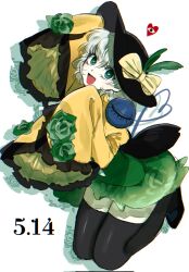 Rule 34 | 1girl, :d, black footwear, black hat, black pantyhose, bow, commentary request, dated, flower, frilled sleeves, frills, green eyes, green flower, green hair, green rose, green skirt, hands up, hat, hat bow, hat feather, heart, heart-shaped pupils, heart of string, high-waist skirt, highres, kneeling, koishi day, komeiji koishi, long sleeves, looking at viewer, medium hair, meiyamada10, open mouth, pantyhose, rose, simple background, skirt, sleeves past fingers, sleeves past wrists, smile, solo, symbol-shaped pupils, third eye, touhou, very long sleeves, white background, wide sleeves, yellow bow