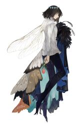 Rule 34 | 1boy, arthropod boy, bishounen, black hair, butterfly wings, cape, cloak, closed eyes, commentary, diamond hairband, dragonfly wings, fate/grand order, fate (series), flower, from side, full body, fur-trimmed cape, fur-trimmed cloak, fur trim, highres, holding, holding flower, insect wings, long shirt, male focus, oberon (fate), oberon (third ascension) (fate), pink flower, pink tulip, profile, short hair, signature, solo, surume (su1193), symbol-only commentary, tulip, twitter username, white background, wing cape, wings