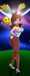 Rule 34 | 1girl, absurdres, animal ears, ass, blue eyes, breasts, brown hair, cleavage, crown, earrings, fake animal ears, flipped hair, flower earrings, from behind, full body, gloves, grass, grin, hand on own hip, high heels, highres, jewelry, legs, leotard, looking at viewer, mario (series), moon, night, night sky, nintendo, open mouth, playboy bunny, princess daisy, rabbit ears, rabbit tail, short hair, sky, smile, solo, star (sky), super mario bros. 1, super mario land, tail, thighhighs, white gloves, white leotard