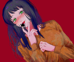Rule 34 | 1girl, 4chi, black hair, blush, chainsaw man, green eyes, hand to own mouth, highres, long hair, looking at viewer, mole, mole on cheek, mole under eye, multiple moles, open mouth, raised eyebrows, santa claus (chainsaw man), simple background, solo, sweater, tongue, tongue out