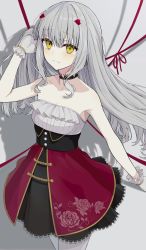 Rule 34 | 1girl, absurdres, alternate costume, blush, melusine (fate), fate/grand order, fate (series), gloves, grey hair, highres, kake udon, long hair, looking at viewer, solo, white gloves, yellow eyes