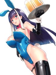 Rule 34 | 1girl, alcohol, animal ears, beer, beer mug, blue eyes, blush, breasts, cup, detached collar, dutch angle, elbow gloves, fake animal ears, fate/grand order, fate (series), gloves, hand on own hip, highleg, highres, large breasts, long hair, martha (fate), mug, ohlia, playboy bunny, purple hair, rabbit ears, rabbit tail, tail, thighhighs, tray, white background
