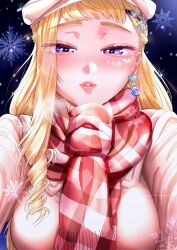 Rule 34 | 1girl, beret, blonde hair, blush, breasts, cover, cover image, cover page, dosanko gal wa namaramenkoi, fuyuki minami, hair ornament, hairclip, half-closed eyes, hat, highres, ikada kai, long hair, looking at viewer, manga cover, medium breasts, official art, parted lips, pink hat, pink lips, pink sweater, plaid, plaid scarf, portrait, purple eyes, red scarf, scarf, shadow, snowflake hair ornament, snowflakes, solo, sweater