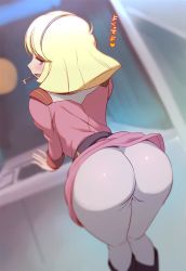 Rule 34 | 1girl, arched back, ass, bent over, blonde hair, blue eyes, blurry, blush, boots, depth of field, ero kaeru, gundam, hairband, headset, huge ass, leaning, leaning forward, looking at viewer, looking back, mobile suit gundam, open mouth, pants, sayla mass, short hair, solo, thighs, translation request, uniform