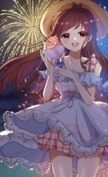 Rule 34 | 1girl, :d, antenna hair, apple, artist name, bare shoulders, blush, breasts, brown hair, cleavage, collarbone, dress, fireworks, food, frilled dress, frills, fruit, glint, hat, highres, idolmaster, idolmaster cinderella girls, idolmaster cinderella girls starlight stage, lace, lace-trimmed dress, lace trim, lois lion, long hair, medium breasts, night, night sky, open mouth, plaid, plaid dress, ribbon, see-through, see-through dress, shaved ice, signature, sky, smile, solo, tsujino akari, white dress
