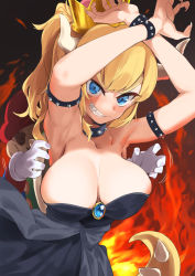 Rule 34 | 1boy, 1girl, areola slip, armlet, armpits, arms up, bare shoulders, black dress, blonde hair, blue eyes, blush, bowsette, bracelet, breasts, cabbie hat, cleavage, collar, crown, dress, fire, gloves, grin, hat, highres, horns, imminent breast grab, jewelry, large areolae, large breasts, long hair, mario, mario (series), new super mario bros. u deluxe, nintendo, ponytail, red hat, ronna, sharp teeth, sleeveless, sleeveless dress, smile, spiked armlet, spiked bracelet, spiked collar, spikes, strapless, strapless dress, super crown, tail, teeth, upper body, white gloves, you gonna get raped