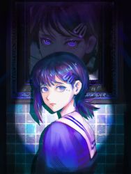 Rule 34 | 1girl, blue shirt, chainsaw man, closed mouth, commentary, hair ornament, hairclip, higashiyama kobeni, highres, kozzz y, light, looking at viewer, looking to the side, mole, mole under eye, multiple moles, picture frame, ponytail, portrait (object), purple eyes, purple hair, ringed eyes, sailor collar, shirt, short hair, short ponytail, solo, symbol-only commentary, tile wall, tiles, upper body, white sailor collar