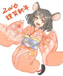 Rule 34 | 1girl, alternate costume, animal ears, brown eyes, floral print, grey hair, happy new year, japanese clothes, kimono, long sleeves, mayoln, mouse ears, nazrin, new year, obi, open mouth, sash, smile, solo, touhou, wide sleeves