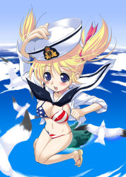Rule 34 | 1girl, above clouds, american flag bikini, american flag print, bikini, bird, blonde hair, blouse, blue eyes, breasts, cleavage, cloud, day, dixie cup hat, eyes visible through hair, falling, female focus, flag print, foreshortening, from above, hair between eyes, hat, highres, jumping, large breasts, legs together, military hat, mimana orimoto, navel, open clothes, open mouth, open shirt, original, orimoto mimana, print bikini, sailor, sailor collar, sandals, school uniform, seagull, shirt, short hair, solo, swimsuit, united states