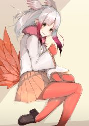Rule 34 | 10s, 1girl, absurdres, between legs, brown eyes, brown skirt, feathers, fingerless gloves, frilled sleeves, frills, from above, gloves, gradient hair, hand between legs, head wings, highres, japanese crested ibis (kemono friends), kemono friends, loafers, long hair, long sleeves, looking at viewer, lying, mugcup, multicolored hair, on side, pantyhose, parted lips, plantar flexion, pleated skirt, purple hair, red gloves, red pantyhose, shade, shoes, sidelocks, silver hair, skirt, smile, solo, tail, wide sleeves, wings