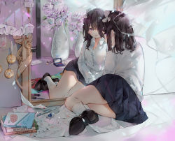 Rule 34 | 1girl, black footwear, black hair, black skirt, book, bow, breasts, cleavage, collared shirt, commentary request, curtains, dema hmw, dress shirt, eraser, flower, hair between eyes, hair bow, highres, indoors, kneehighs, loafers, long sleeves, looking at viewer, mechanical pencil, medium breasts, mirror, original, parted lips, pencil, pink flower, pink rose, pleated skirt, purple eyes, reflection, rose, school uniform, shirt, shoe soles, shoes, skirt, socks, solo, academic test, test score, transparent, vase, white bow, white shirt, white socks