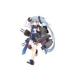 Rule 34 | 1girl, anchor symbol, ankle socks, arashi (warship girls r), arm up, blue hair, blue necktie, blue sash, blue skirt, cannon, closed mouth, finger gun, floral print, full body, hair between eyes, high-waist skirt, knee pads, leg lift, long hair, looking at viewer, machinery, necktie, official art, outstretched hand, pleated skirt, ponytail, remodel (warship girls r), rudder footwear, sailor collar, salute, sash, searchlight, shenbei xiaoqiu, shirt, shoes, side ponytail, single knee pad, skirt, smile, sneakers, socks, torpedo, transparent background, turret, very long hair, warship girls r, white shirt, white socks, yellow eyes