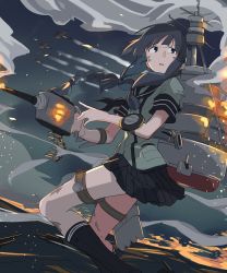 Rule 34 | &gt;:o, 10s, 1girl, :o, absurdres, aircraft, airplane, black hair, braid, commentary request, gun, highres, kantai collection, kitakami (kancolle), long hair, machinery, night, parted lips, pleated skirt, sketch, skirt, solo, standing, standing on liquid, sy-l-via, v-shaped eyebrows, weapon