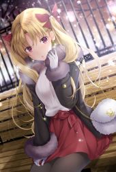 Rule 34 | 1girl, :o, akatsuki hijiri, alternate costume, bag, bench, black jacket, black pantyhose, blonde hair, branch, breasts, commentary request, earrings, ereshkigal (fate), fate/grand order, fate (series), fur-trimmed jacket, fur-trimmed sleeves, fur trim, gloves, hair ribbon, handbag, jacket, jewelry, long hair, long sleeves, looking at viewer, medium breasts, on bench, open clothes, open jacket, open mouth, outdoors, pantyhose, parted bangs, red eyes, red ribbon, red skirt, ribbed sweater, ribbon, signature, sitting, skirt, snow, snowing, solo, sweater, tree, two side up, very long hair, white gloves, white sweater, winter clothes, wooden bench