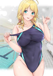 Rule 34 | 1girl, aga marino, ahoge, aqua eyes, armpit crease, bare shoulders, blonde hair, blue one-piece swimsuit, blush, breasts, collarbone, competition swimsuit, covered navel, cowboy shot, hachimiya meguru, hair ornament, highleg, highleg swimsuit, idolmaster, idolmaster shiny colors, indoors, large breasts, long hair, looking at viewer, low twintails, one-piece swimsuit, pool, solo, star (symbol), star hair ornament, strap pull, swimsuit, tongue, twintails
