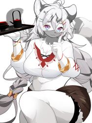 Rule 34 | 1girl, :3, absurdres, ahoge, animal ears, blue eyes, braid, breasts, brown shorts, cleavage, closed mouth, commentary request, crop top, feet out of frame, finger to own chin, furry, furry female, gradient eyes, grey hair, hair ornament, hairclip, hannah (mahjong soul), highleg, highleg panties, highres, holding, holding tray, index finger raised, large breasts, long bangs, long hair, long sleeves, looking at viewer, low-tied long hair, mahjong soul, manmarumao, midriff, mouth veil, multicolored eyes, navel, panties, pink eyes, plump, saucer, shirt, short shorts, shorts, simple background, solo, teapot, thigh strap, tiger ears, tiger girl, tray, underwear, veil, very long hair, white background, white hair, white shirt, wristband