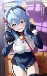 Rule 34 | 1girl, absurdres, ako (blue archive), bell, black gloves, black thighhighs, blue archive, blue coat, blue eyes, blue hair, blue hairband, blue halo, blue jacket, blush, breasts, button gap, classroom, cleavage, coat, collar, cowbell, earrings, from above, garter straps, gloves, guruguruming, hair between eyes, hairband, half gloves, halo, hands up, highres, indoors, jacket, jewelry, large breasts, leash, long hair, long sleeves, looking at viewer, looking back, neck bell, open mouth, pencil skirt, sideboob, sitting, skirt, solo, stud earrings, thighhighs, viewer holding leash, window shadow, zettai ryouiki