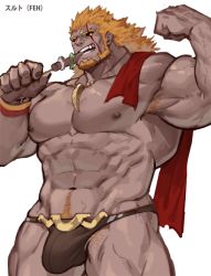 Rule 34 | 1boy, abs, armpit hair, bara, beard, biceps, black male underwear, black sclera, bulge, colored sclera, cowboy shot, dark-skinned male, dark skin, eating, facial hair, fire emblem, fire emblem heroes, flexing, gomtang, jewelry, large pectorals, long hair, looking at viewer, male focus, male underwear, mature male, muscular, muscular male, navel, navel hair, necklace, nipples, pectorals, red towel, short hair, skewer, solo, stomach, surtr (fire emblem), thick thighs, thighs, thong, tooth necklace, underwear, underwear only, veins