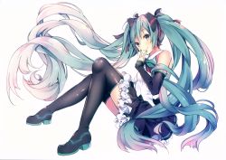 Rule 34 | 1girl, absurdres, aqua hair, aqua nails, bare shoulders, boots, bow, breasts, closed mouth, detached sleeves, fingernails, floating hair, from side, full body, gradient hair, green eyes, green hair, hair bow, hair ribbon, hatsune miku, highres, huge filesize, long hair, looking at viewer, medium breasts, multicolored hair, nail polish, ribbon, scan, shiny clothes, shiomizu (swat), simple background, sitting, skirt, sleeveless, smile, solo, thigh boots, thighhighs, twintails, very long hair, vocaloid, white background