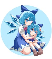 Rule 34 | 2girls, absurdres, blue background, blue bow, blue dress, blue eyes, blue hair, bow, brown footwear, cirno, commentary request, detached wings, dress, full body, hair bow, highres, hug, ice, ice wings, looking at another, mikan (manmarumikan), multiple girls, one eye closed, short hair, short sleeves, socks, touhou, white socks, wings