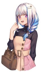 Rule 34 | 1girl, :d, arm behind back, bag, black sweater, blue hair, blush, brown dress, commentary request, dress, hair ornament, hair over shoulder, hairclip, hand up, highres, jewelry, lize helesta, long hair, long sleeves, looking at viewer, multicolored hair, necklace, nijisanji, open mouth, purple eyes, silver hair, simple background, smile, solo, sooon, sweater, teeth, turtleneck, turtleneck sweater, two-tone hair, upper body, upper teeth only, virtual youtuber, white background