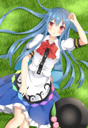 Rule 34 | 1girl, arm at side, arm over head, bad id, bad pixiv id, black hat, blue hair, blue skirt, food, frills, fruit, grass, hat, hinanawi tenshi, long hair, looking at viewer, lying, on back, peach, puffy short sleeves, puffy sleeves, red eyes, ro-ichi, shirt, short sleeves, skirt, skirt set, solo, touhou, unworn hat, unworn headwear, white shirt
