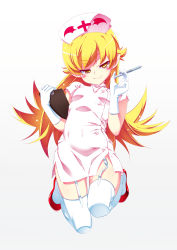 Rule 34 | 1girl, blonde hair, commentary request, garter straps, gloves, hat, highres, holding, holding syringe, lace, lace-trimmed legwear, lace trim, long hair, looking at viewer, monogatari (series), nurse, nurse cap, oshino shinobu, red footwear, solo, syringe, tanabe kyou, thighhighs, white background, white gloves, white thighhighs, yellow eyes