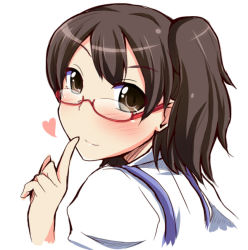 Rule 34 | 10s, 1girl, bespectacled, brown eyes, brown hair, glasses, heart, ikue fuuji, japanese clothes, kaga (kancolle), kantai collection, looking at viewer, ponytail, side ponytail, smile, solo