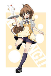 Rule 34 | 1girl, :d, apron, brown eyes, brown hair, dessert, food, itamochi, open mouth, parfait, ponytail, smile, solo, standing, standing on one leg, taneshima popura, waitress, working!!