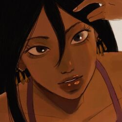 1girl black_hair brown_eyes close-up commentary dark-skinned_female dark_skin earrings eyelashes hair_between_eyes jewelry jjayqe long_hair looking_up michiko_malandro michiko_to_hacchin parted_lips simple_background solo symbol-only_commentary