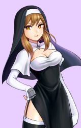 Rule 34 | 1girl, black dress, black thighhighs, breasts, brown eyes, brown hair, cleavage, closed mouth, commentary request, cross, dress, garter straps, habit, hand on own hip, highres, jyan borii, kyuuketsuki sugu shinu, long hair, looking at viewer, maria (kyuuketsuki sugu shinu), medium breasts, nun, purple background, smile, solo, standing, thighhighs, veil