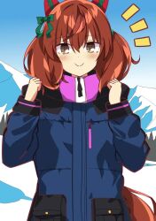 Rule 34 | 1girl, animal ears, blue coat, bow, brown eyes, brown hair, clear sky, clenched hands, closed mouth, coat, commentary, cowboy shot, day, ear covers, ear ribbon, green ribbon, hair tie, highres, horse ears, horse girl, horse tail, long sleeves, looking at viewer, medium hair, mountainous horizon, multicolored hair, nice nature (umamusume), notice lines, outdoors, purple scarf, ribbon, scarf, sky, smile, snow, solo, standing, streaked hair, tail, twintails, umamusume, wahiko (black bastard), winter