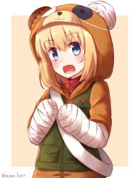 Rule 34 | 10s, 1girl, animal costume, bad id, bad pixiv id, bandages, bear costume, blonde hair, blue eyes, blush, boko (girls und panzer), boko (girls und panzer) (cosplay), brown background, cast, commentary, cosplay, eyepatch, fang, girls und panzer, green vest, highres, kapatarou, katyusha (girls und panzer), looking at viewer, open mouth, out of frame, outside border, red shirt, shirt, short hair, shoulder belt, smile, solo, standing, turtleneck, twitter username, upper body, vest