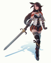 Rule 34 | 1girl, agnes oblige, alternate costume, armor, bad id, bad tumblr id, bravely default: flying fairy, bravely default (series), breastplate, breasts, brown eyes, brown hair, corset, detached collar, full body, gloves, greaves, hairband, knight, koyorin, lips, long hair, nose, shoulder armor, small breasts, solo, pauldrons, sword, thighhighs, very long hair, weapon